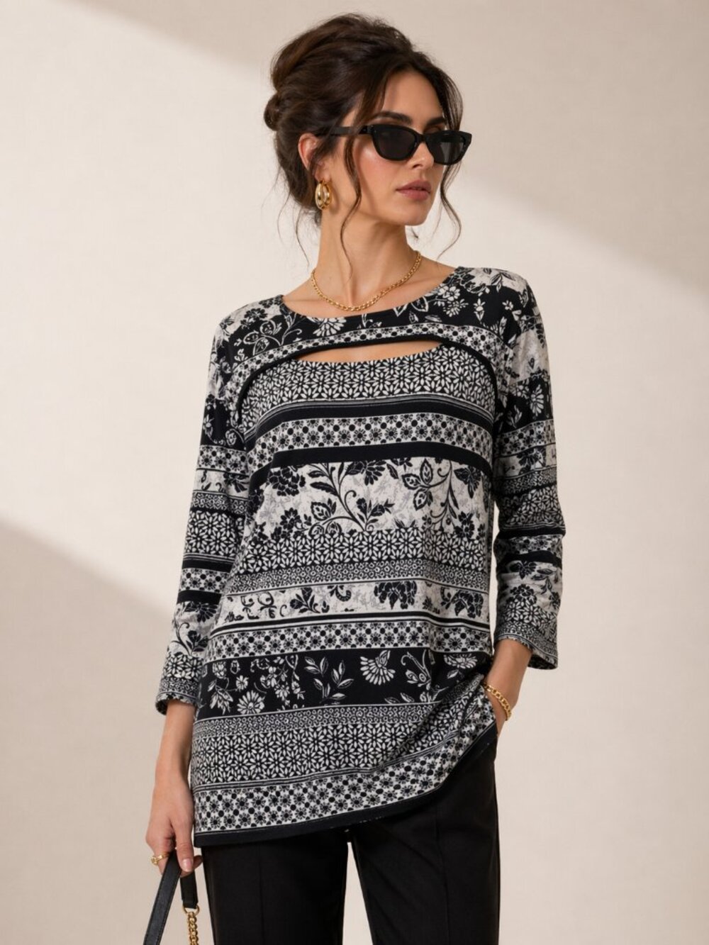 Allison Daley 2X Tunic Boho Floral 3/4 Sleeves Knit